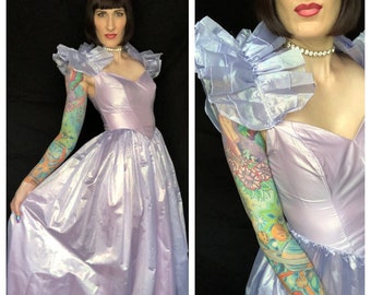 Vintage 1980's Fairy Godmother Rainbow Iridescent Lavender Fit and Flare Ball Gown w/ Origami Sleeves - size Small Medium