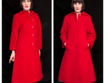 Vintage PIERRE CARDIN 1970&#39;s Lipstick Red Wool A-Line Space Age Coat - size Small Medium