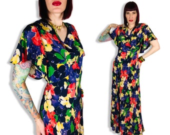 XL Exquisite Vintage 1930's Floral Silk Bias Cut Gown w/ Flutter Sleeves - size Large to Extra Large RARE VOLUP