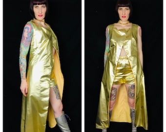 Vintage 1970's Gold Metallic Lamé Space Age Full Length Vest Dress w/ Matching Shorts and Hat! Size Medium to Large