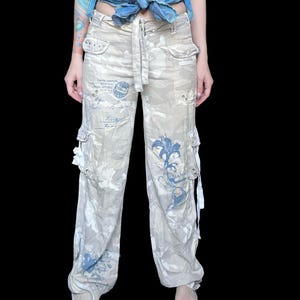 Y2K Da-Nang Vintage Camo Surplus Baggy Cargo Embroidered Rhinestone Silk Cotton Pants - Size Medium