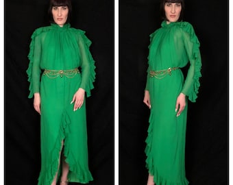 Vintage Early 1980's BILL BLASS Kelly Green Silk Chiffon Ruffled Gown - New With Tags - size Small Medium