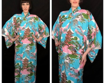 Vintage 1940's 1950's Vibrant Pagota Novelty Print Floral Rayon Japanese Kimono - One Size Fits All