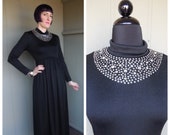 Vintage 1970 39 s Black Nylon Disco Maxi Dress w Prong Set Rhinestone Bib Collar Detail - size Medium