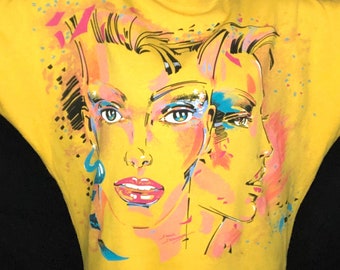 Vintage 1980s New Wave Style Face Novelty Print Sweatshirt - Made in France - One Size Fits Most