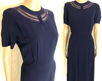 Vintage 1940's Navy Blue Rayon Sheer Netted Cut Out Neckline Dress - size Medium