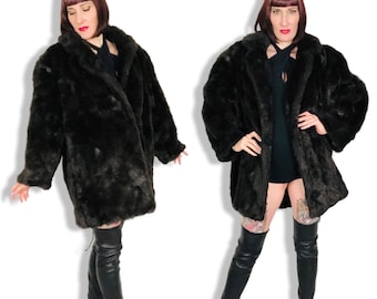 Vintage 70s 80s Dark Brown Black Faux Fur Coat - Burning Man Playa Coat - size XL Extra Large