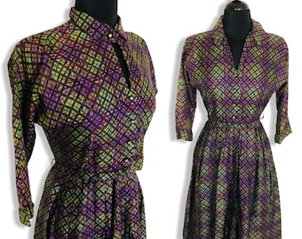 Vintage 1950's Purple Green Black Plaid Acetate Fit and Flare Shirtwaist Dress - size Medium