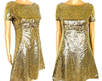 Vintage 1960's Gold Metallic Leaf Print Brocade Mod Space Age Cocktail Party A-line Trapeze Dress - size Small Medium