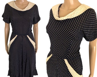 Vintage 1940's 1950's Navy Blue and Ivory Polka Dot Sheer Chiffon Rayon Dress - size Medium