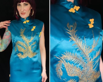 Vintage 1960's Gold Metallic Embroidered Phoenix Bird Blue Satin Cheongsam Mini Dress - size Small