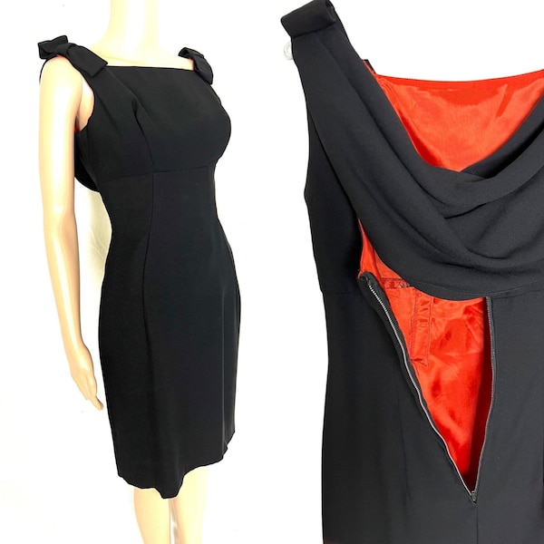Vintage Early 1960's Black Rayon Wiggle Dress w/ Draped Back / Lined in Bright Red - size Small