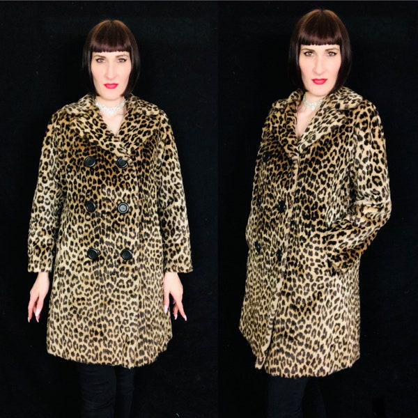 Vintage 1960's Luxurious Leopard Print Faux Fur Double Breasted Peacoat - size Medium Large