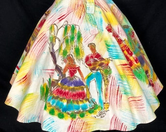 Muy Romántica 1950's Mexican Serenade Love Scene Tourist Souvenir Full Circle Skirt - size XS Extra Small