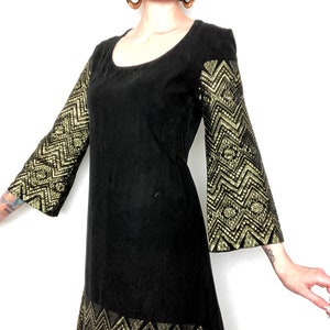 Vintage 1960's Egyptian Revival Gold Metallic Assuit Style Embroidered Black Cotton Linen Caftan Maxi Dress - size Medium