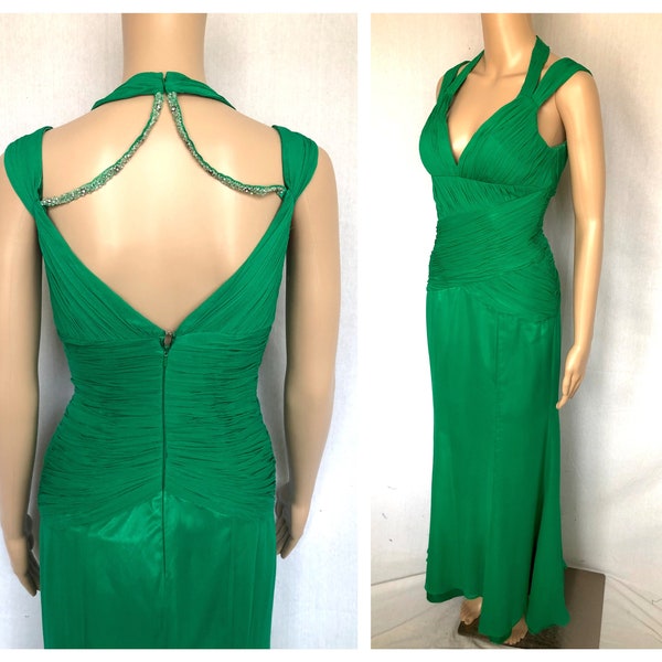 Stunning Vintage 90s Y2K Emerald Green Silk Chiffon Ruched Strappy Cut-Out Bias Cut Mermaid Hem Evening Gown - size Small XS