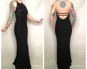 CARMEN MARC VALVO Vintage 90s 2000s Y2K Black Beaded Sequin Mermaid Hem Gown w/ Cut Out Strappy Back- size Medium