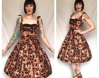 Designer Vintage 1950's Brown and White Tiki Hawaiian Print LOW CUT Neckline Fit and Flare Cotton Sun Dress by Shaheen's of Honolulu - Small