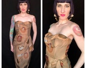 GLADYS WILLIAMS Vintage 1950 39 s Brown Silk Hand Painted Ethnic Tribal Hawaiian Pot and Feather Print Sarong Dress - size Medium