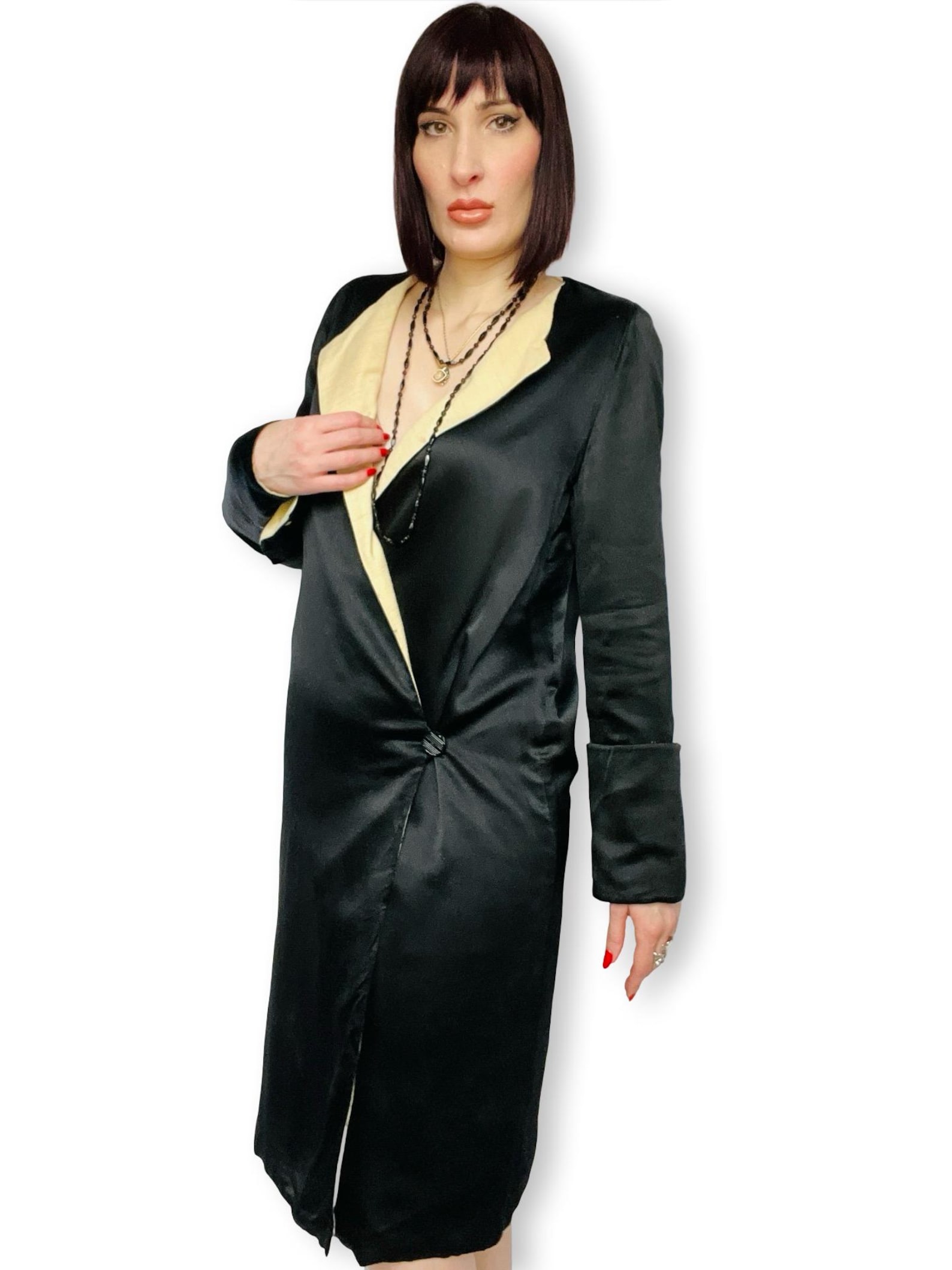 Antique 1920's Black Satin & Ivory White Wool Opera Coat 