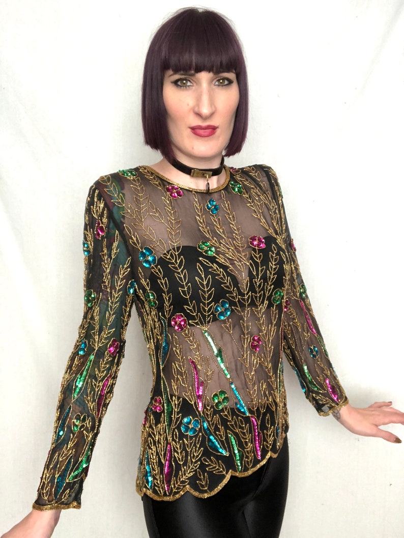 size Medium Vintage 1980/'s Does 1920/'s Style Gold Beaded Floral Sheer Black Silk Blouse