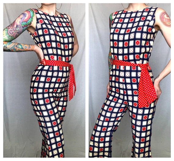 Vintage 1970's Geometric Red White Blue Checkered… - image 2