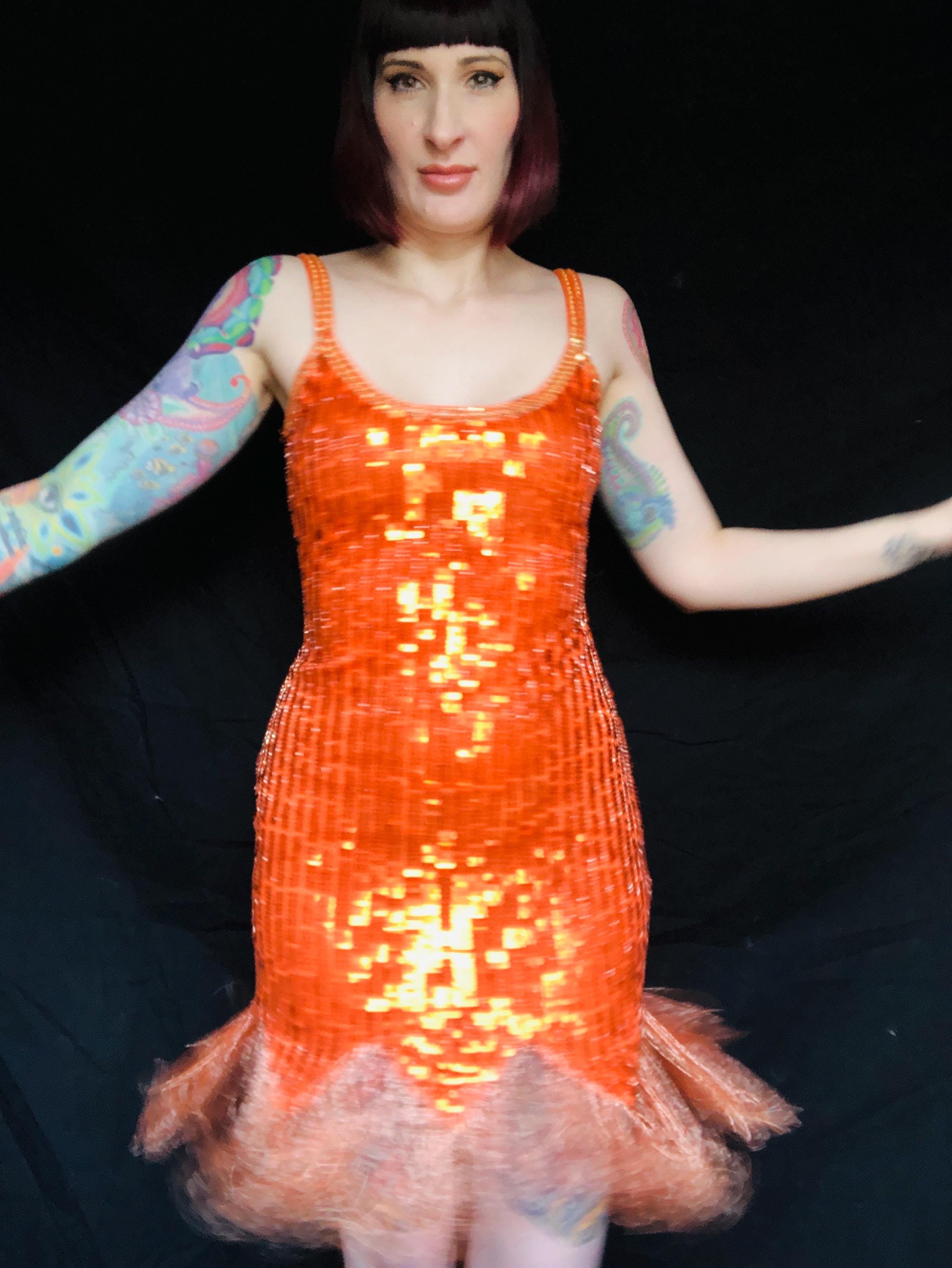 Vintage Style Karen Millen Fire Orange Sequined Rhinestone Beaded Fringe Party Dress - Size Small to Medium