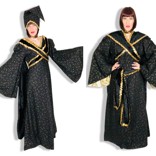 Vintage 80s 90s Black + Gold Star Printed Cotton Wizard Sleeve Sorcerer Costume - Unisex - Large XL Extra Large 2X Plus Size