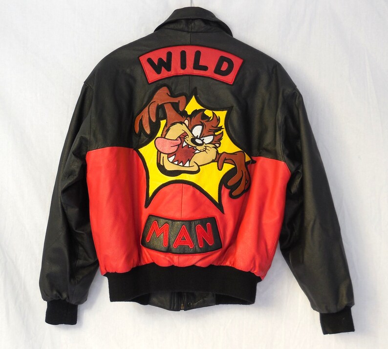 90s Taz Looney Tunes Wild Man Leather Bomber Embroidered Jacket - size Medium