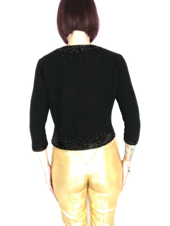 Vintage 1960's Jet Black Knit Cardigan Sweater w/… - image 9