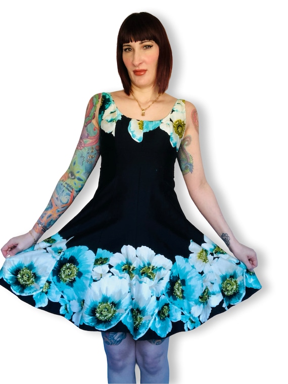 Vintage 1950's Style Blue Poppy Flower Print Fit and Flare Dress - Y2K does 1950's Style - size Small XS