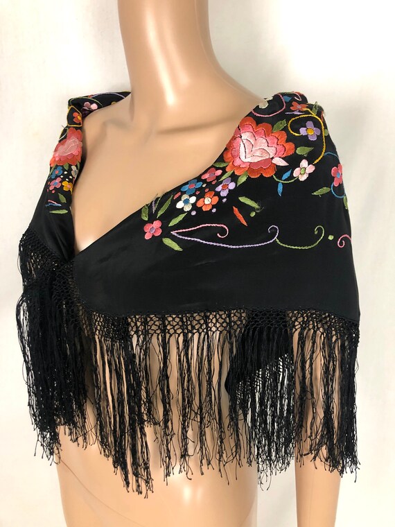 Antique 1920's 1930's Black Rayon Fringed Colorfu… - image 5