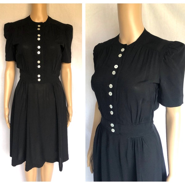 Vintage 1930's 1940's Jet Black Rayon Puff Sleeve Button Up Goth Dress - size XS to Small