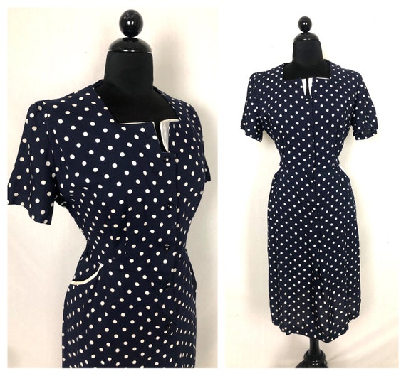 VOLUP Vintage 1940's Navy Blue and White Polka Dot