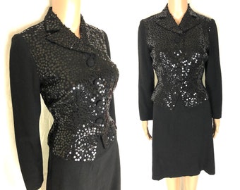 Vintage 1940's TRAINA NORELL Jet Black Sequined Wool Suit Set - Jacket and Skirt - size XS Extra Small