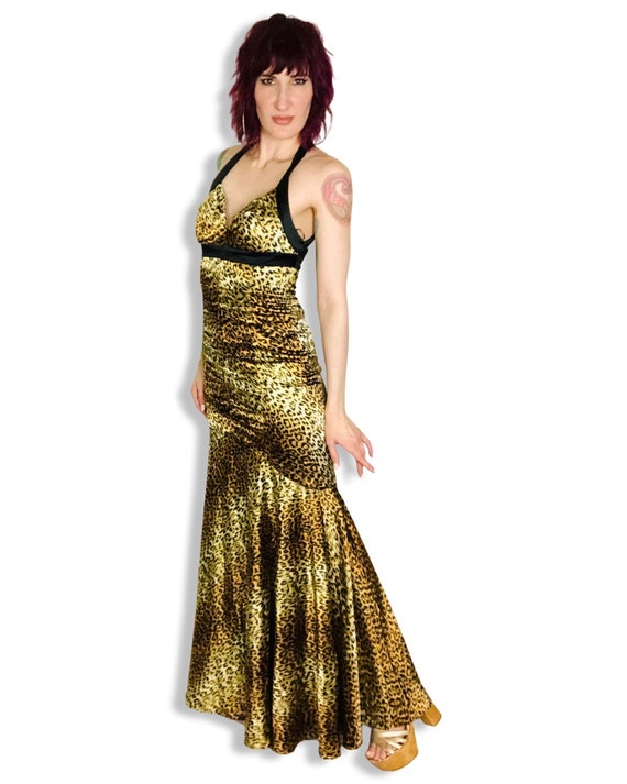 Vintage Y2k 90s Leopard Print Satin Mermaid Hem Gown - Size Small Medium