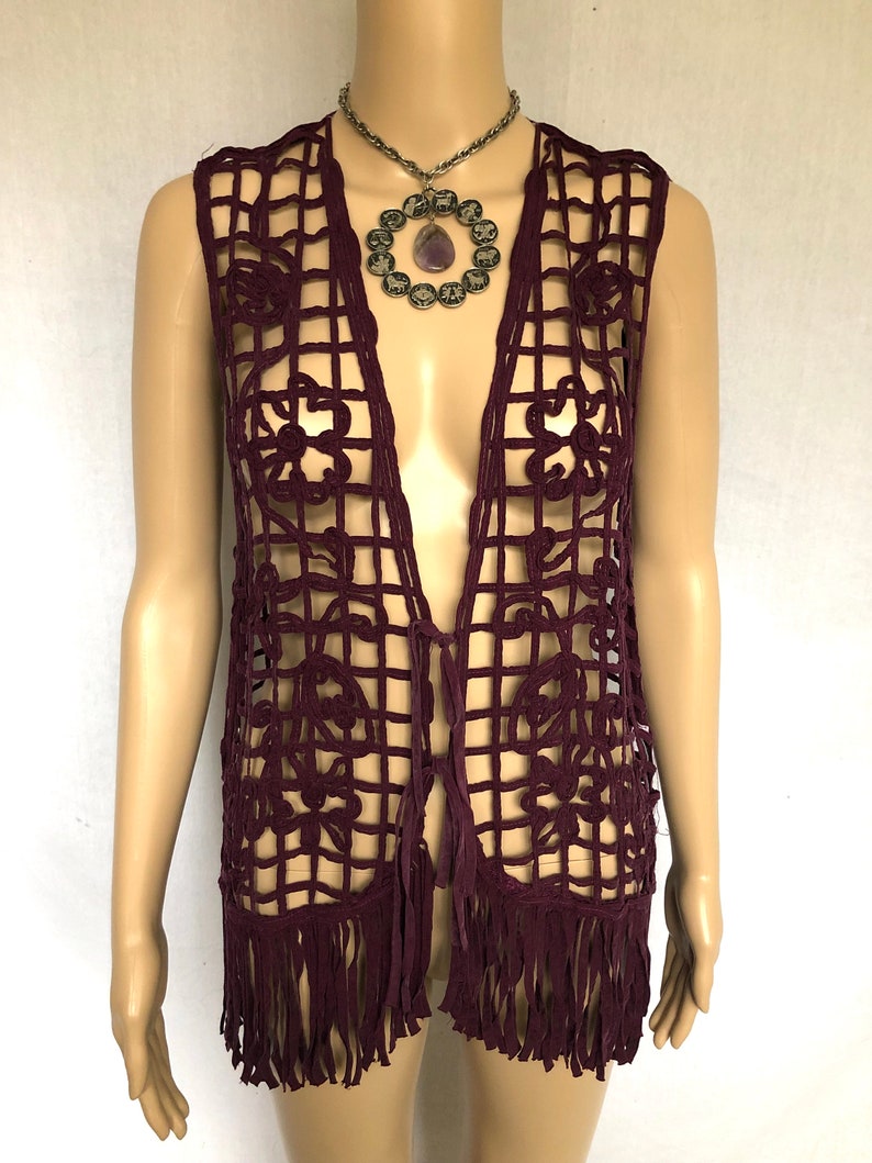 Vintage 90s Purple Cage Lattice Floral Fringe Vest size Medium image 3