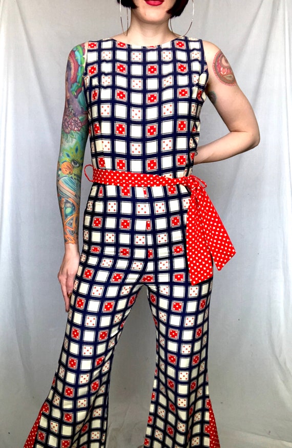 Vintage 1970's Geometric Red White Blue Checkered… - image 8