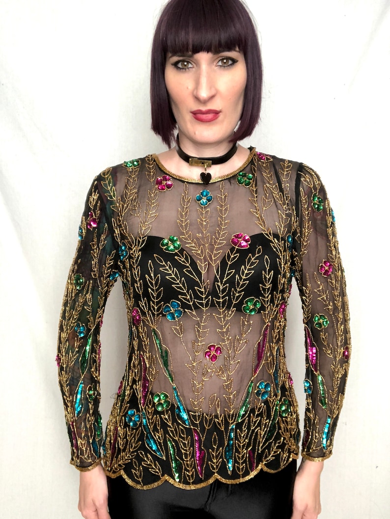 size Medium Vintage 1980/'s Does 1920/'s Style Gold Beaded Floral Sheer Black Silk Blouse