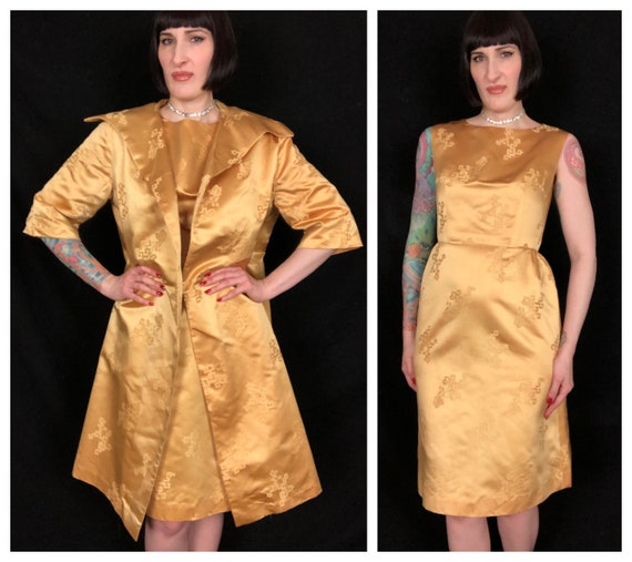 Vintage 1960s Gold Satin Suit Set - Gold Satin Br… - image 1