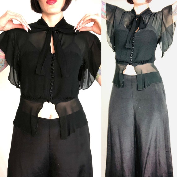 Vintage 1930's Jet Black Rayon Chiffon Flutter Sl… - image 1