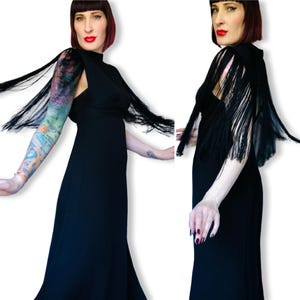 Vintage 1960's Black Rayon Crepe Fringe Cape Backless Gown w/ Extra Long Fringe - size Small to Medium