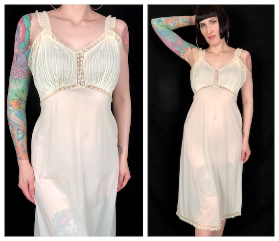 Vintage 1950's Ivory Nylon + Lace Slip Dress - si… - image 1