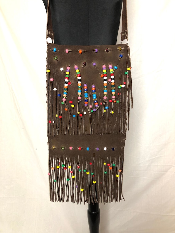 Vintage 60s 70s Brown Suede Leather Rainbow Beade… - image 2