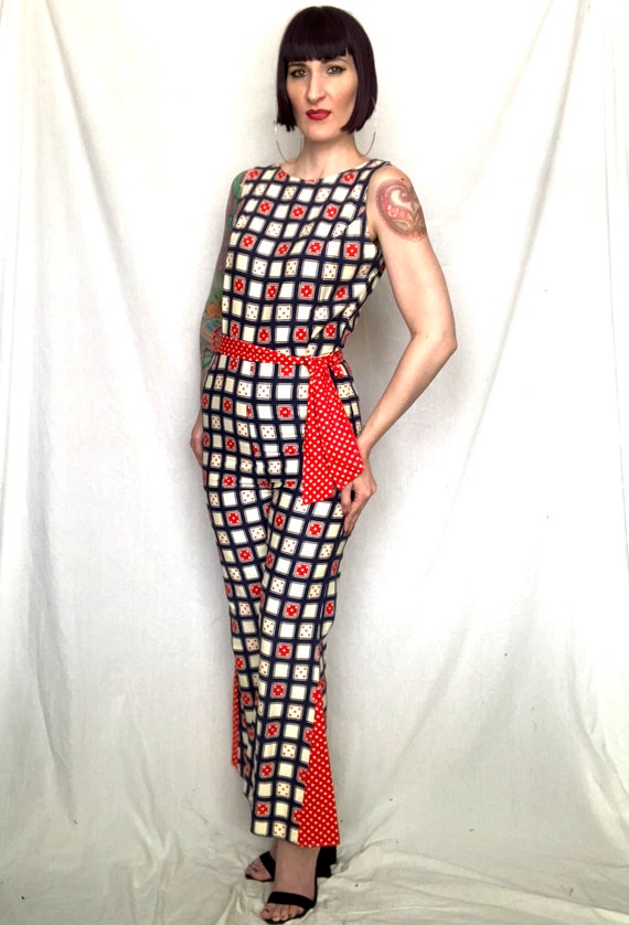 Vintage 1970's Geometric Red White Blue Checkered… - image 6