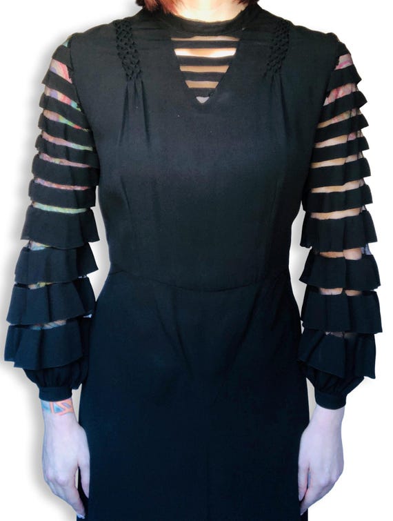 Rare Vintage 1930s Black Rayon Mesh Striped Layered Tiered Balloon Sleeve Dress - Size Small Medium Large