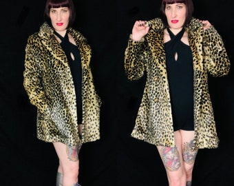 Vintage 1960's Cheetah Faux Fur Mod Pin Up Sheath Coat - size Medium Large