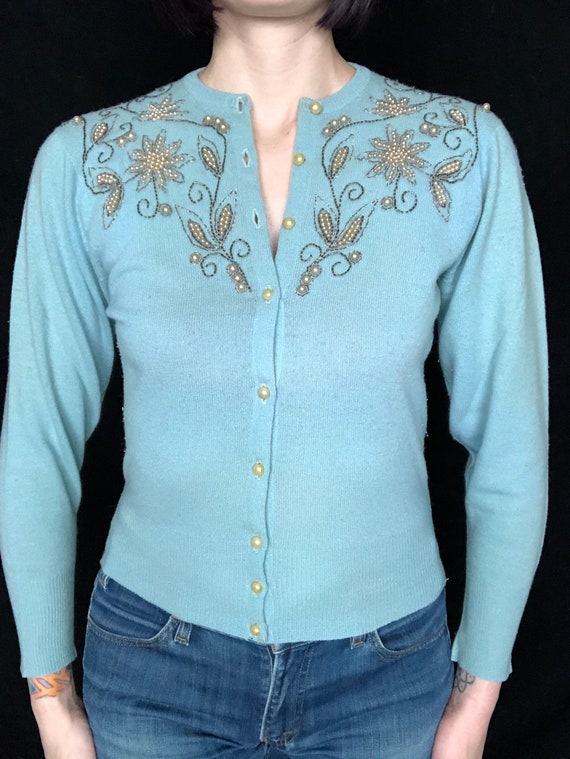 Gorgeous Vintage 1950's Light Sky Blue Cashmere Kn