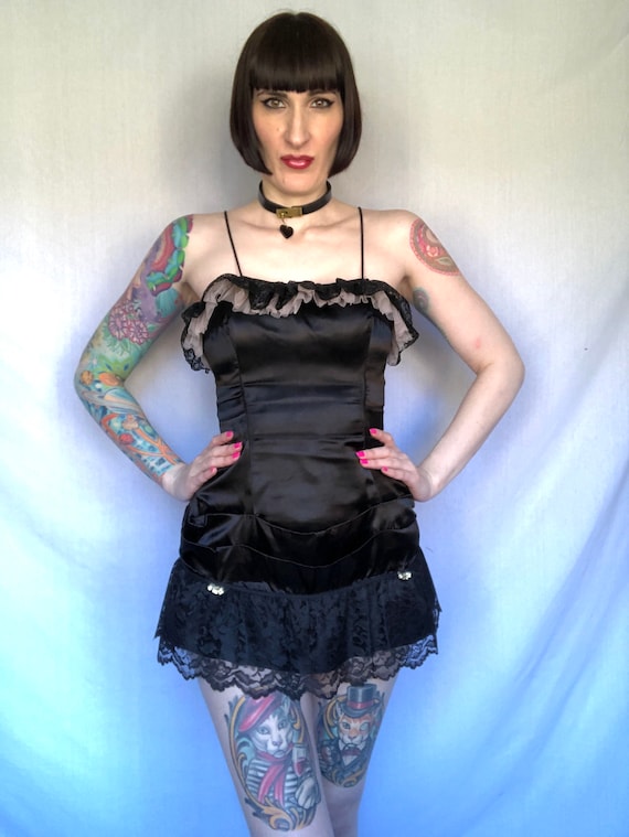 Vintage 1950's Black Satin + Lace Burlesque Costu… - image 2