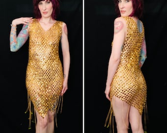 Vintage PACO RABANNE Gold Chainmail Space Age Flapper Cleopatra Evening Gown Dress - size Small Medium Large